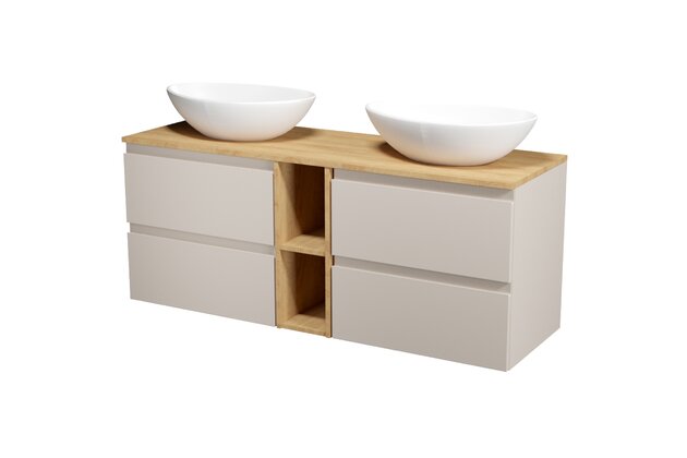 Nábytkový set Cersanit Moduo 140, skříňka 60 pod desku kašmír 2x, skříňka 20 pod desku otevřená dub hikora, deska 140 horní dub hikora, umyvadlo Moduo 55 na desku nepravidelné bílé 2x