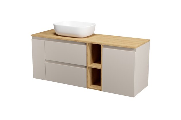 Nábytkový set Cersanit Moduo 140, skříňka 60 pod desku kašmír, skříňka 20 pod desku cargo kašmír, skříňka 20 pod desku otevřená dub hikora, skříňka 40 pod desku s košem na prádlo, deska 140 horní dub hikora, umyvadlo Moduo 50 na desku obdélníkové bílé