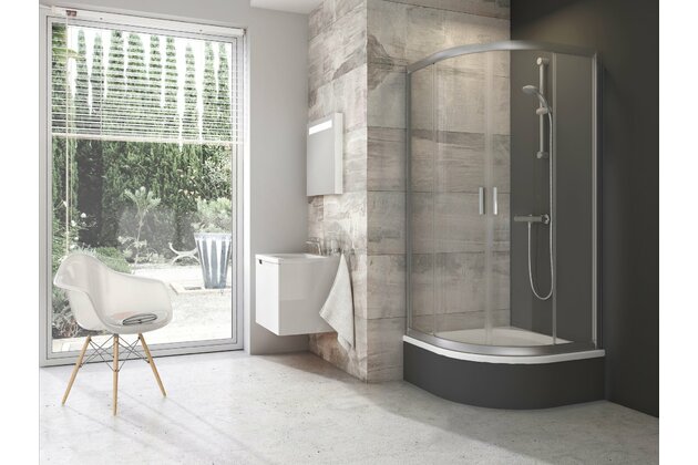 Sprchový kout Ravak Blix BLCP4 Sabina 80x80 čtyřdílný čtvrtkruhový snížený, satin/transparent, 3B240U40Z1