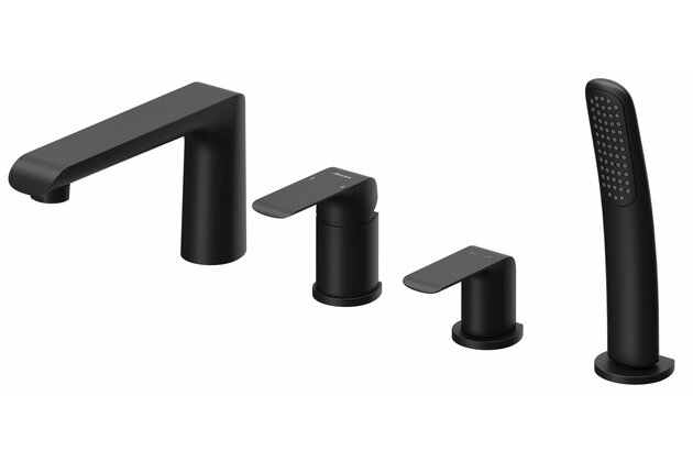 Baterie Ravak Flat vanová, stojánková 4-otvorová, se sprchovým setem, černá, X070176