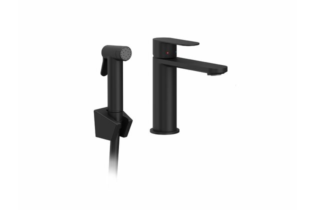 Baterie Ravak Chrome II umyvadlová, stojánková 175 mm s bidetovou sprškou a držákem, bez výpusti, černá, X070462