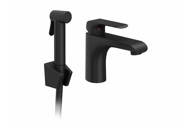 Baterie Ravak Flat umyvadlová, stojánková 150 mm s bidetovou sprškou a držákem, bez výpusti, černá, X070439
