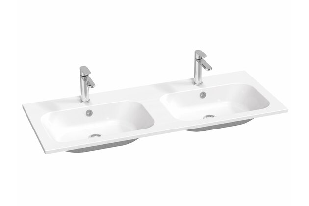 Dvojumyvadlo Ravak Chrome Slim 120 nábytkové tenkostěnné s otvory pro baterie, s přepadem, bílá, XJG01112001