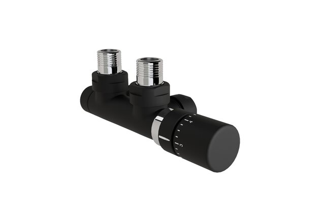 Armatura Zehnder rohová 1/2", s termostatickou hlavicí Design Line vpravo, Set P, RAL 0557 black matt, Z-839419-0557