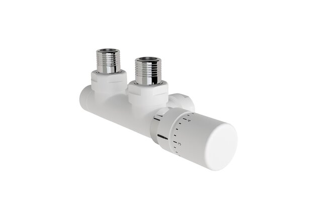 Armatura Zehnder rohová 1/2", s termostatickou hlavicí Design Line vpravo, Set P, RAL 0556 white matt, Z-839419-0556