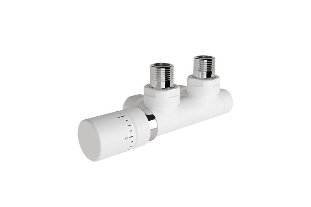 Armatura Zehnder rohová 1/2", s termostatickou hlavicí Design Line vlevo, Set Q, RAL 0556 white matt, Z-839429-0556