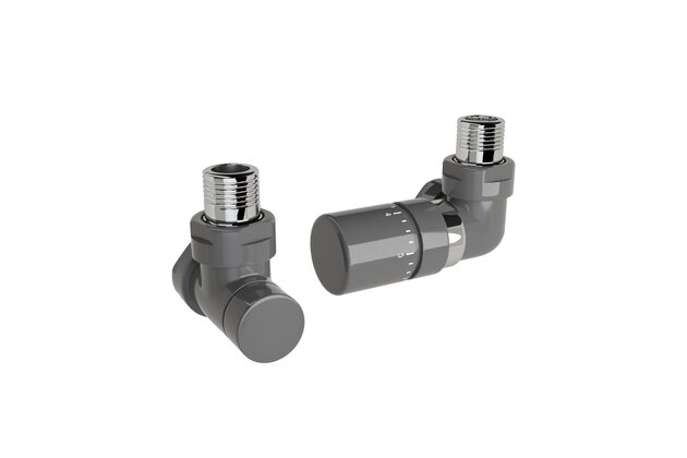 Ventil Zehnder úhlový rohový, rohové šroubení pro zpátečku 1/2", s termostatickou hlavicí Design Line, Set G, RAL 0346 anthracite, Z-839739-0346