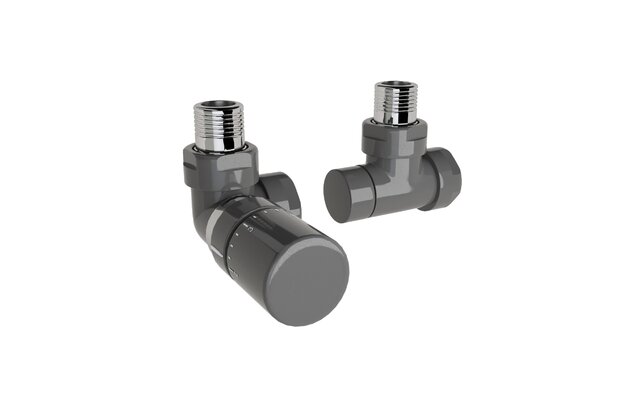 Ventil Zehnder úhlový rohový, rohové šroubení pro zpátečku 1/2", s termostatickou hlavicí Design Line, Set I, RAL 0346 anthracite, Z-839729-0346