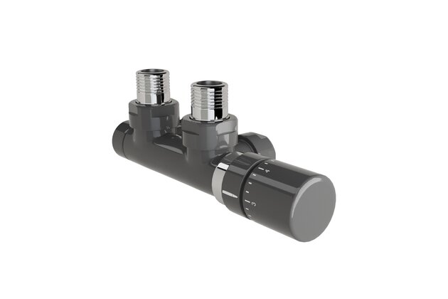 Armatura Zehnder rohová 1/2", s termostatickou hlavicí Design Line vpravo, Set P, RAL 0346 anthracite, Z-839419-0346