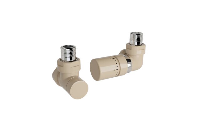 Ventil Zehnder úhlový rohový, rohové šroubení pro zpátečku 1/2", s termostatickou hlavicí Design Line, Set G, RAL 0523 beige quartz, Z-839739-0523