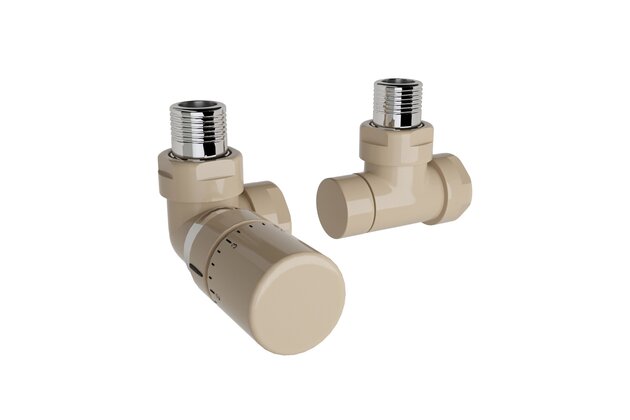 Ventil Zehnder úhlový rohový, rohové šroubení pro zpátečku 1/2", s termostatickou hlavicí Design Line, Set I, RAL 0523 beige quartz, Z-839729-0523