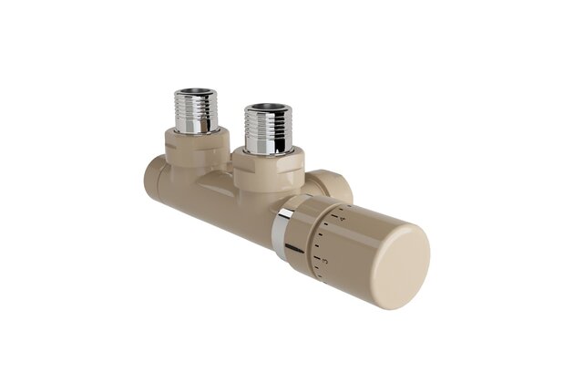 Armatura Zehnder rohová 1/2", s termostatickou hlavicí Design Line vpravo, Set P, RAL 0523 beige quartz, Z-839419-0523