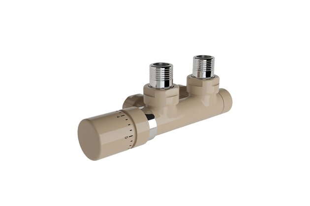Armatura Zehnder rohová 1/2", s termostatickou hlavicí Design Line vlevo, Set Q, RAL 0523 beige quartz, Z-839429-0523
