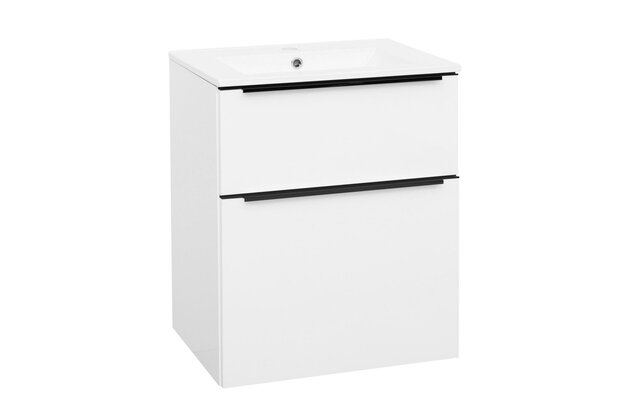 Skříňka EBS Nevio B 61 s umyvadlem slim, černý úchyt, bílá lesk, NEVIOSL61CB