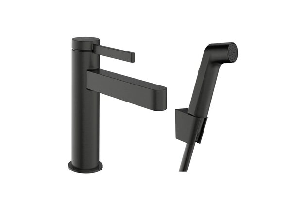 Baterie Hansgrohe Finoris umyvadlová, páková, 110, s bidetovou sprškou, černý chrom kartáčovaný, 76210340
