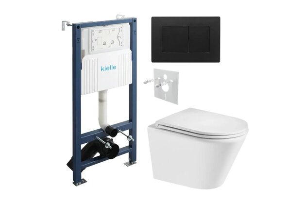 Set předstěnové instalace Kielle Genesis + vortex WC se sedátkem EBS Spinex + tlačítko Gemini, černá mat, KKE045