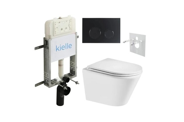 Set předstěnové instalace Kielle Genesis + vortex WC se sedátkem EBS Spinex + tlačítko Gemini, černá mat, KKE096