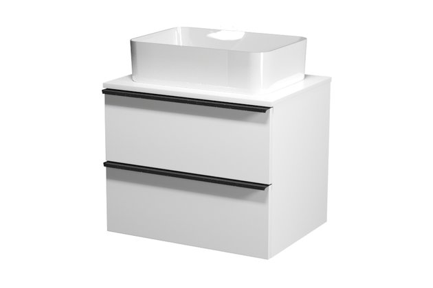 Virgo 60 bílá skříňka úchyt černá, umyvadlo Crea na desku hranaté 50 Virgo 60 bílá skříňka úchyt černá, umyvadlo Crea na desku hranaté 50