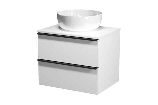 Virgo 60 bílá skříňka úchyt černá, umyvadlo Moduo na desku kulaté 40