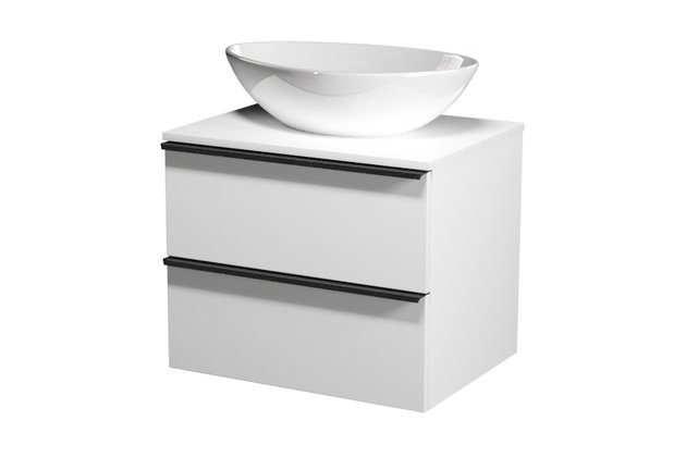 Virgo 60 bílá skříňka úchyt černá, umyvadlo Moduo na desku nepravidelné 50
