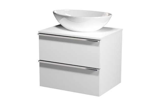 Virgo 60 bílá skříňka úchyt chrom, umyvadlo Moduo na desku nepravidelné 50 Virgo 60 bílá skříňka úchyt chrom, umyvadlo Moduo na desku nepravidelné 50