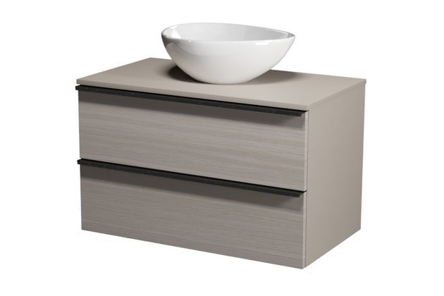 Virgo 80 šedá skříňka úchyt černá, umyvadlo Moduo na desku nepravidelné 40