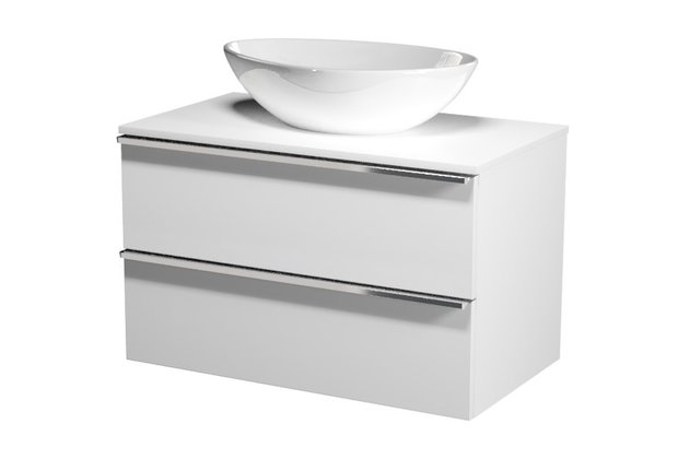 Virgo 80 bílá skříňka úchyt černá, umyvadlo Moduo na desku nepravidelné 50