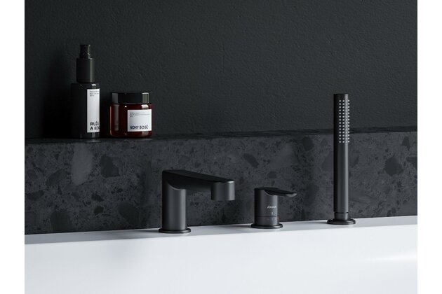 Baterie Ravak Puri vanová, stojánková 3-otvorová, se sprchovým setem, černá, X070186 Baterie Ravak Puri vanová, stojánková 3-otvorová, se sprchovým setem, černá, X070186