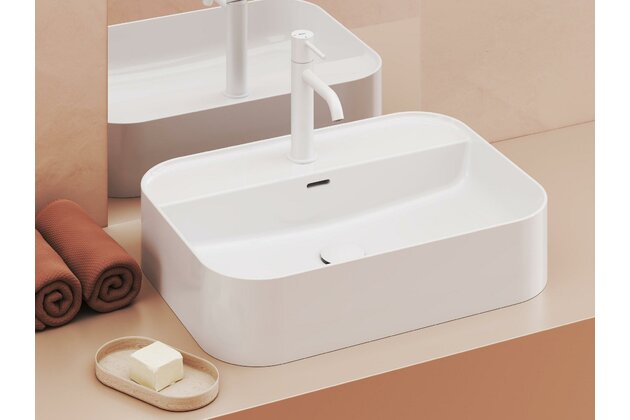 Umyvadlo Ravak Ceramic Slim Shelf R 55 na desku tenkostěnné, s otvorem pro baterii, s přepadem, bílá, XJX01155005 Umyvadlo Ravak Ceramic Slim Shelf R 55 na desku tenkostěnné, s otvorem pro baterii, s přepadem, bílá, XJX01155005