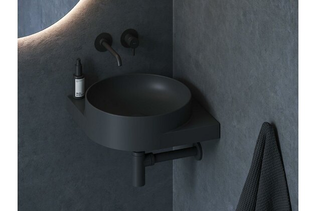 Umyvadlo Ravak Yard 45 C rohové tenkostěnné na konzoli, bez otvoru pro baterii, bez přepadu, černá mat, XJX0D045000