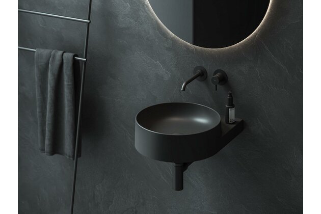 Umyvadlo Ravak Yard 40 tenkostěnné na konzoli, bez otvoru pro baterii, bez přepadu, černá mat, XJX0D040000