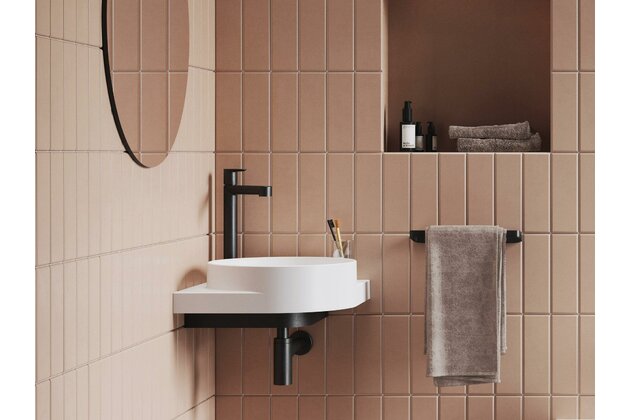 Umyvadlo Ravak Yard 45 C rohové tenkostěnné na konzoli, s otvorem pro baterii, bez přepadu, bílá mat, XJX0E245001