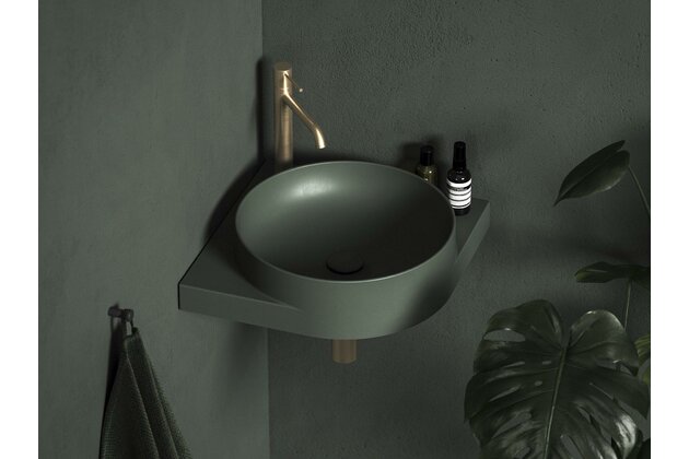 Umyvadlo Ravak Yard 45 C keramické rohové tenkostěnné, na konzoli Yard, s otvorem pro baterii, grey green, XJX08245000 Umyvadlo Ravak Yard 45 C keramické rohové tenkostěnné, na konzoli Yard, s otvorem pro baterii, grey green, XJX08245000