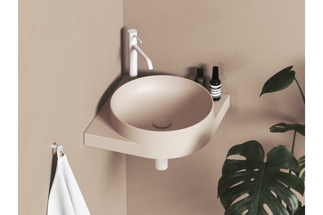 Umyvadlo Ravak Yard 45 C keramické rohové tenkostěnné, na konzoli Yard, s otvorem pro baterii, alabaster pink, XJX0G245000