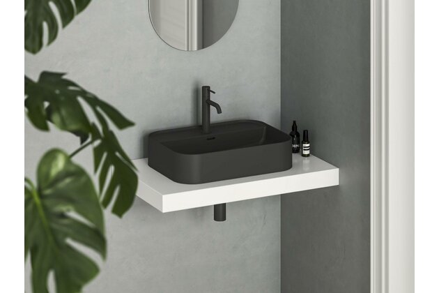 Umyvadlo Ravak Ceramic Slim Shelf 55 R keramické na desku nebo skříňku tenkostěnné, bez přepadu, černé mat, XJX0D155004